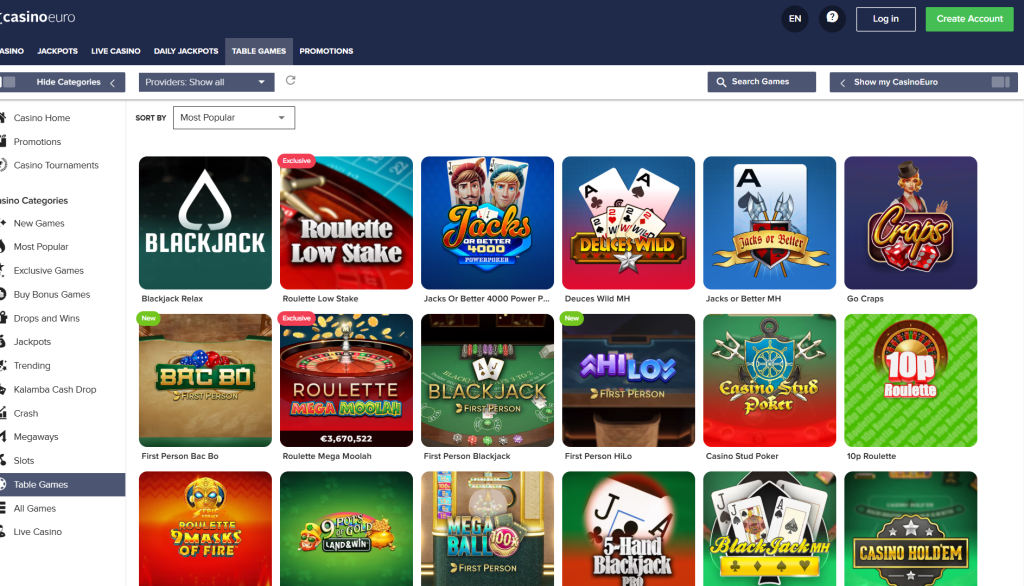 casino euro table games
